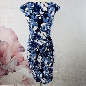 American Living Blue White Floral Sheath Dress Ruched  Tie Side Size 2